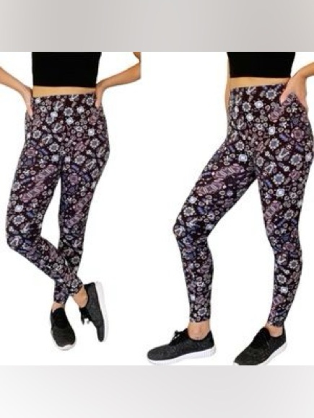 LuLaRoe High-Waist Floral Geometric Leggings - Black & Purple